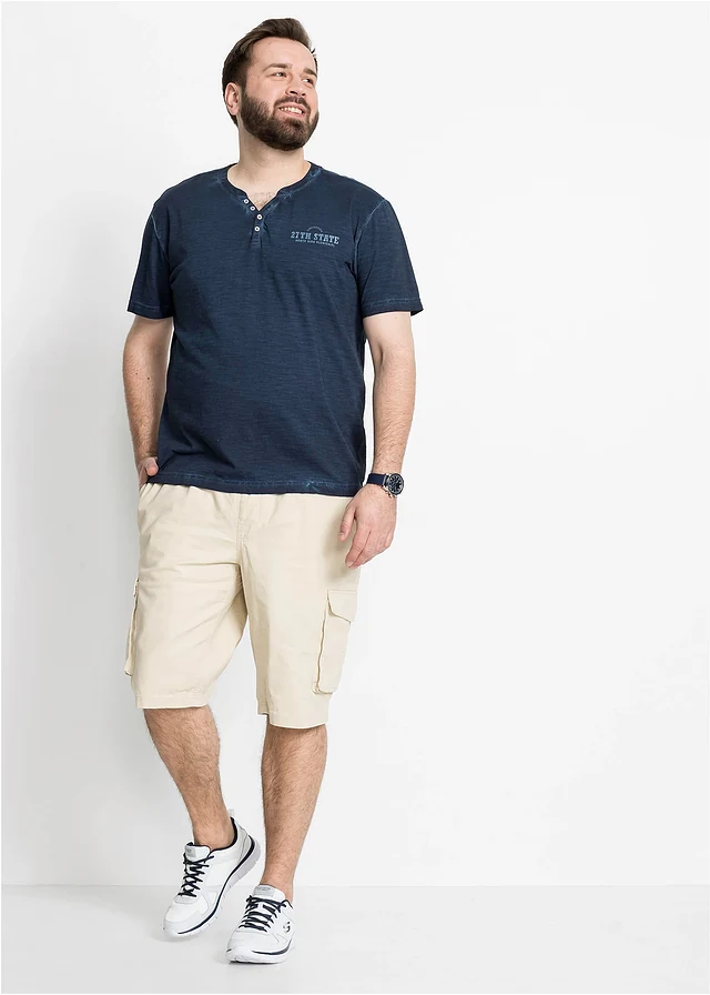T-shirt col tunisien, aspect délavé, 100% coton, Couleur: bleu foncé imprimé
