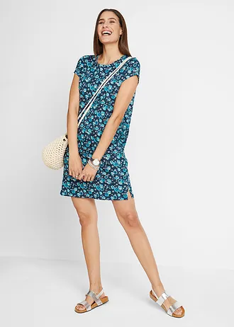 Shirtjurk van katoen met splitten opzij (set van 2), Kleur: donkerblauw gebloemd+effen Caraïbisch blauw