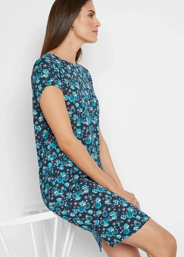 Lot de 2 robes en jersey 100% coton, fentes latérales • bleu foncé floral + bleu caraïbes uni • product-page.page-title-suffix