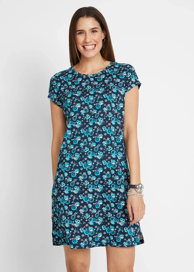 Lot de 2 robes en jersey 100% coton, fentes latérales • bleu foncé floral + bleu caraïbes uni • product-page.page-title-suffix