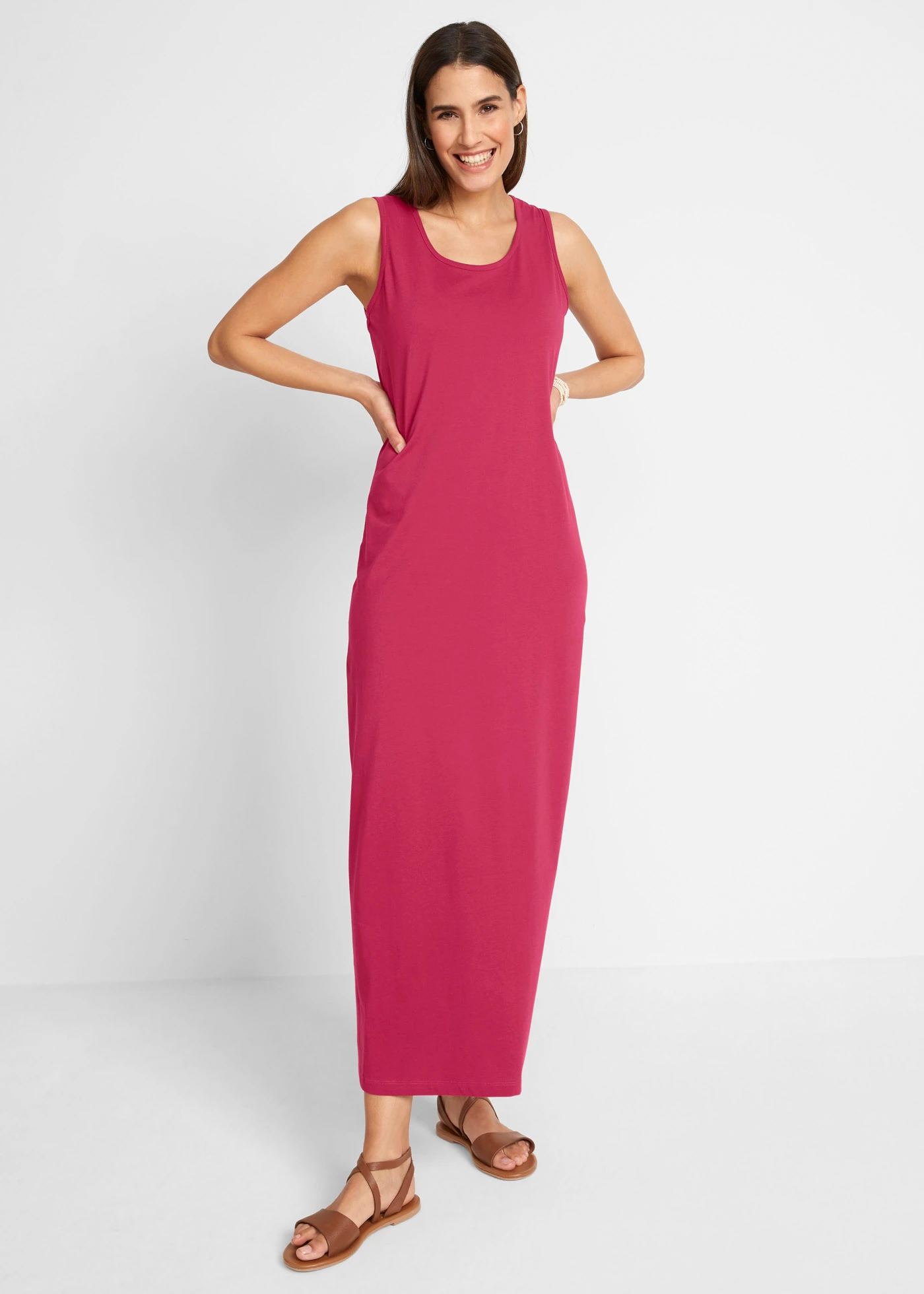 Katoenen maxi jurk (set van 2) • kiezelbeige gebloemd+effen bessenrood • bonprix online shop