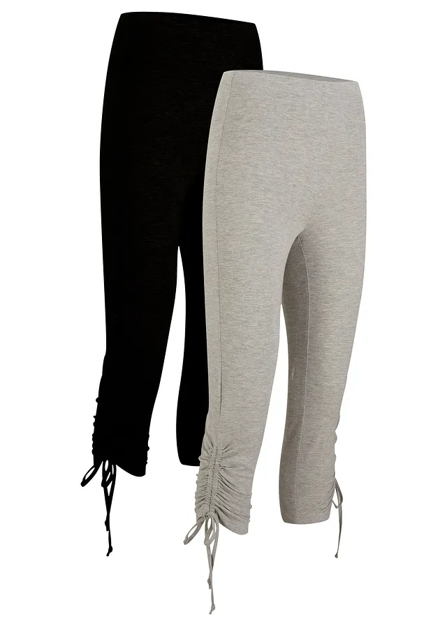 Lot de 2 leggings corsaire avec fronces, Couleur: noir + gris clair chiné