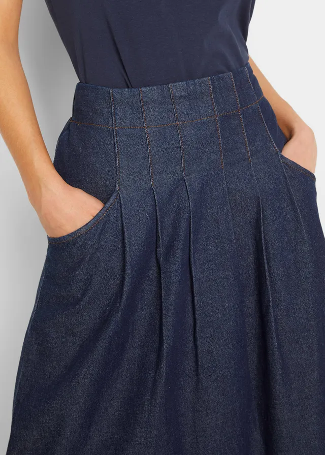 Jupe en jean extensible avec plis religieuse, lien à nouer et taille confortable • bleu foncé denim • product-page.page-title-suffix