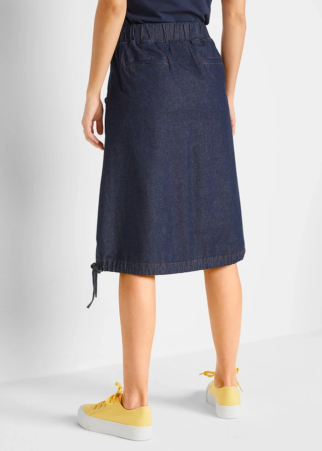 Jupe en jean extensible avec plis religieuse, lien à nouer et taille confortable, Couleur: bleu foncé denim