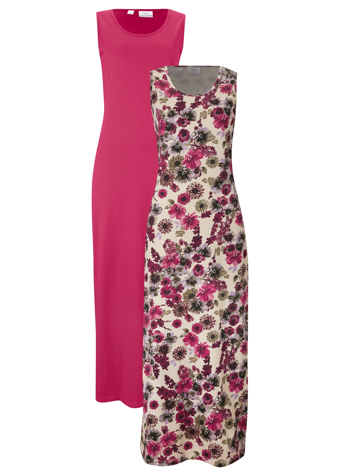 Lot de 2 robes longues 100% coton • beige galet floral+magenta uni • Boutique bonprix