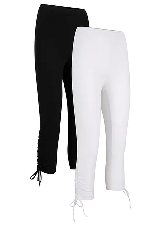 Lot de 2 leggings corsaire avec fronces, Couleur: blanc/noir