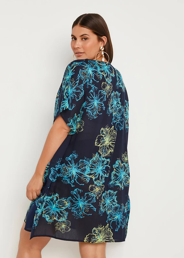 Tunică transparentă de plajă cu decolteu în V, culoare: bleumarin/turcoaz floral