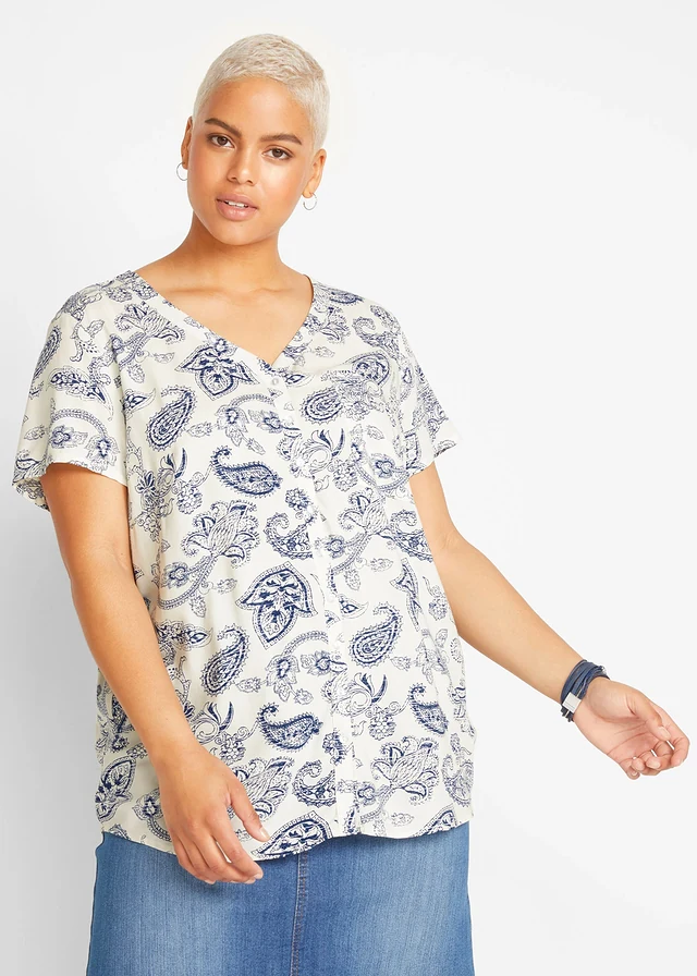 Blouse, korte mouw, Kleur: wolwit-indigo paisley