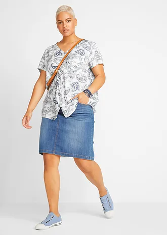 Blouse, korte mouw, Kleur: wolwit-indigo paisley