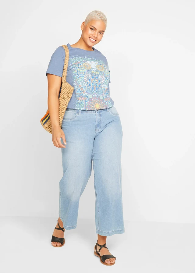T-shirt 100% coton, Couleur: bleu jean imprimé