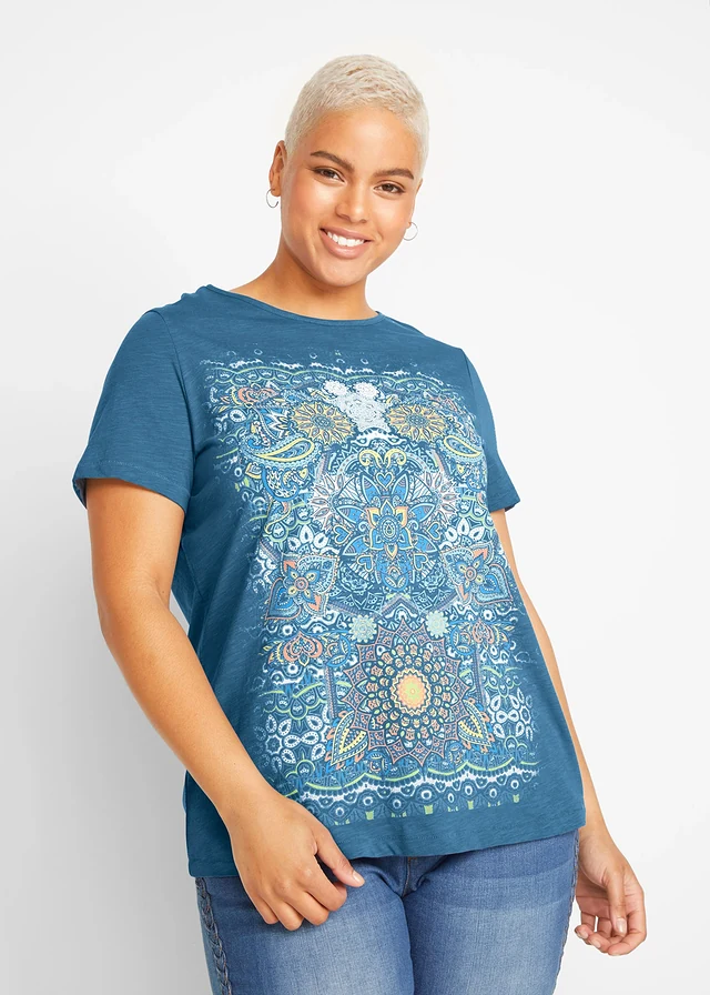 T-shirt 100% coton, Couleur: bleu jean imprimé