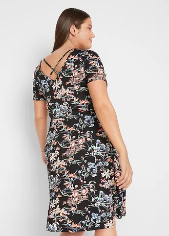 Robe en jersey coupe trapèze, Couleur: noir imprimé floral