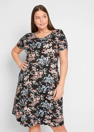 Rochie din jerse în A, până la genunchi, culoare: negru floral
