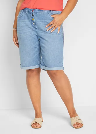 Bermuda en jean avec broderie, taille mi-haute élastiquée, Couleur: bleu clair denim