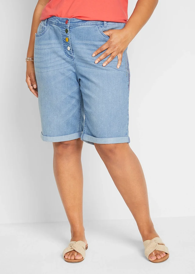 Bermuda en jean avec broderie, taille mi-haute élastiquée, Couleur: bleu clair denim