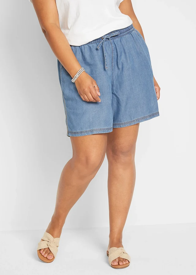 Lichte denim short met linnen en comfortband, extra wijd, Kleur: lichtblauw denim