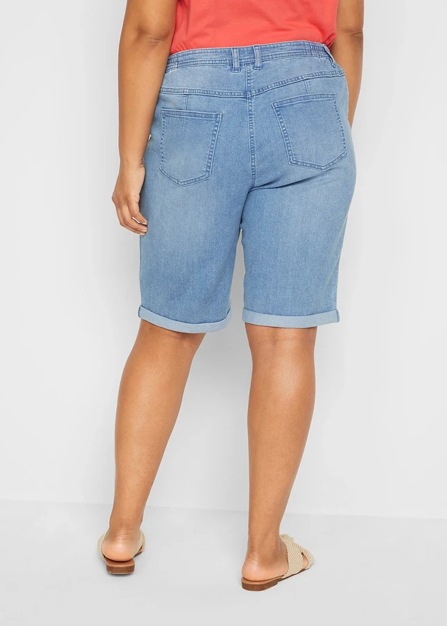 Comfort stretch jeans bermuda met borduursel en comfortband, Kleur: lichtblauw denim