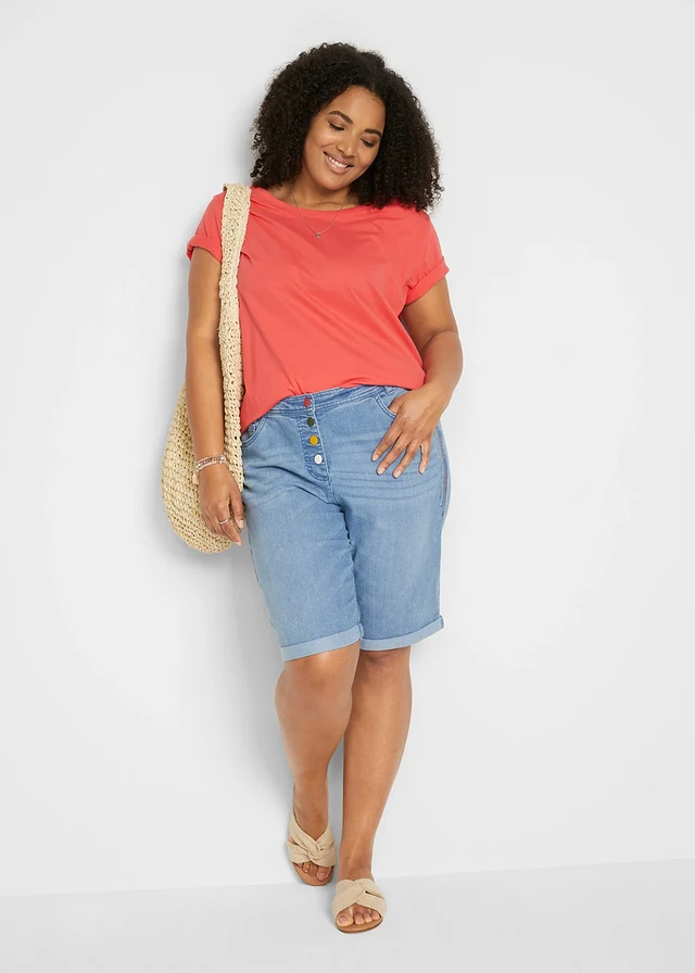 Bermuda en jean avec broderie, taille mi-haute élastiquée, Couleur: bleu clair denim