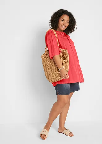 Lange crinkle tuniek, halflange mouw, Kleur: kreeftrood