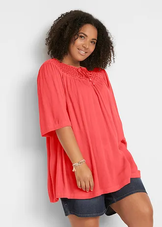 Lange crinkle tuniek, halflange mouw, Kleur: kreeftrood