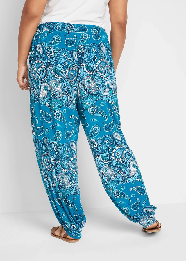 Gedessineerde jersey harembroek van soepele viscose, Kleur: turkoois paisley