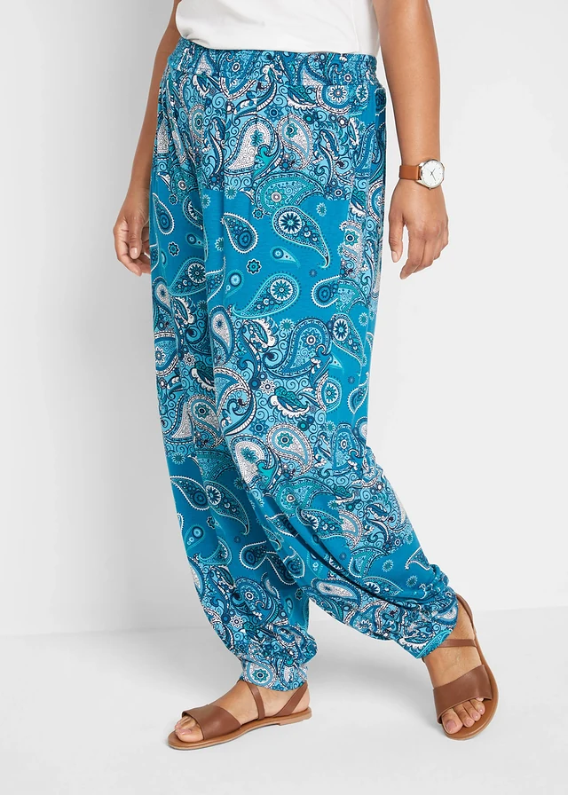 Gedessineerde jersey harembroek van soepele viscose, Kleur: turkoois paisley