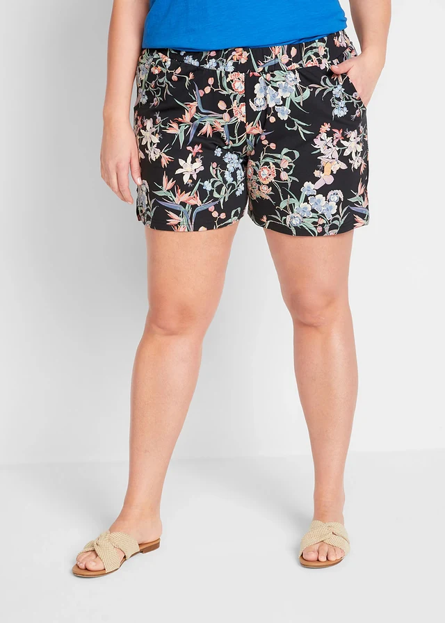 Jersey short van een elastische katoenmix (set van 2), Kleur: zwart+zwart gedessineerd