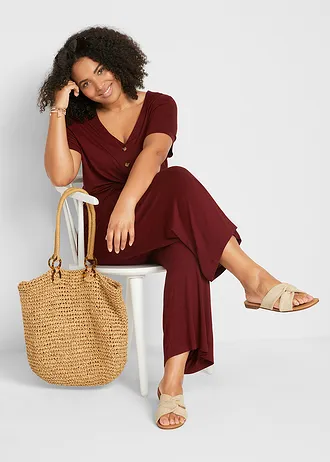 Jersey jumpsuit met V-hals, korte mouw, Kleur: kastanjerood