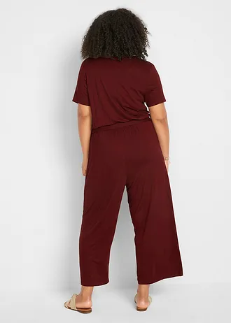 Jersey jumpsuit met V-hals, korte mouw, Kleur: kastanjerood