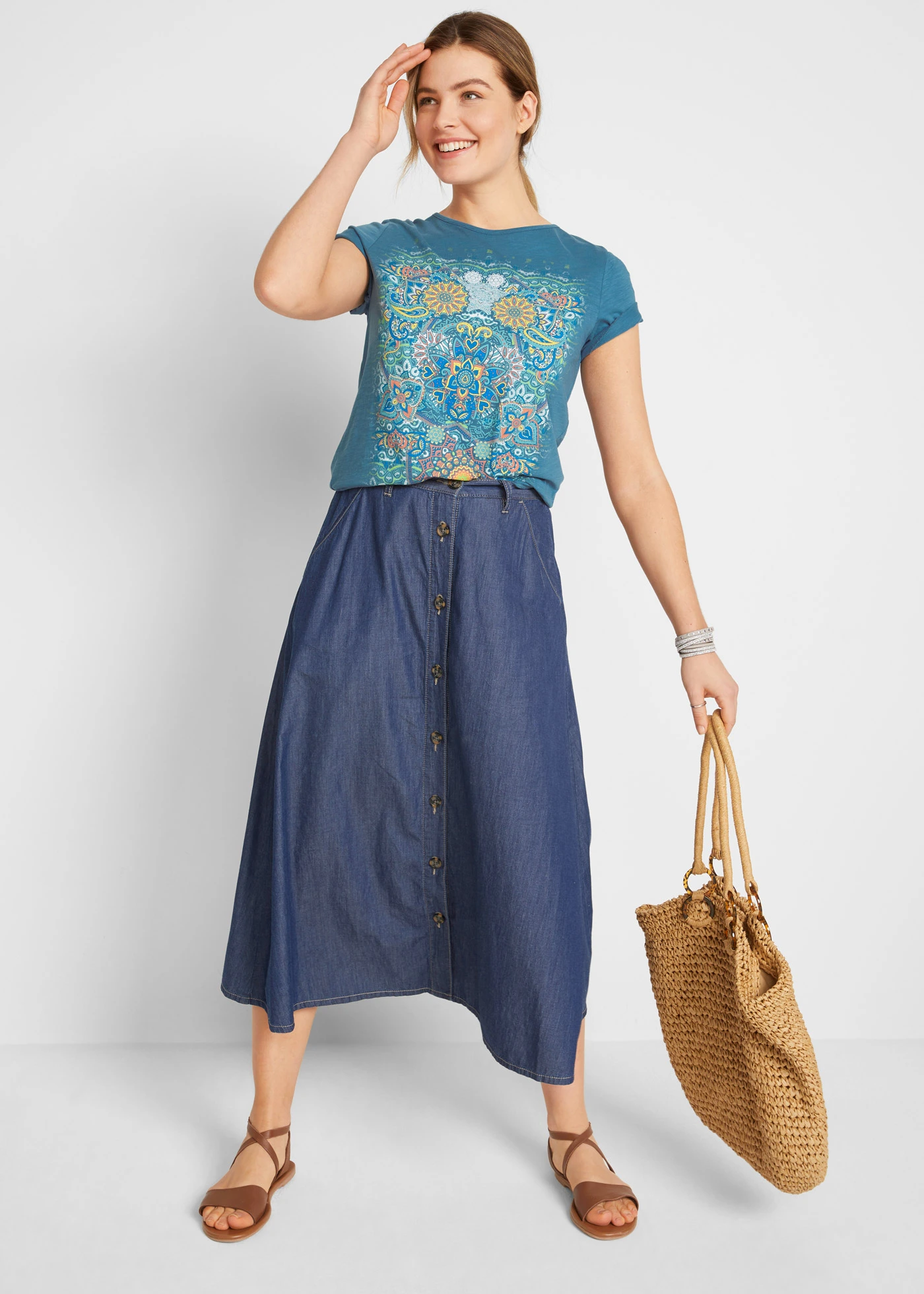 Tricou din bumbac 100% • albastru blugi cu imprimeu • magazin bonprix