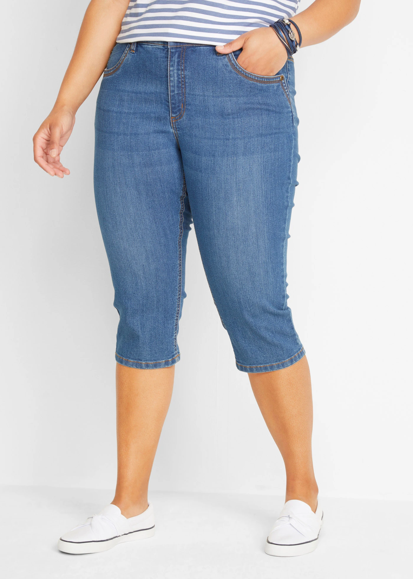 Capri džíny, Mid Waist, Slim Fit • modrá stone used plus size • bonprix obchod