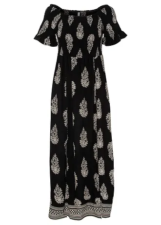 Carmen šaty ze splývavé viskózy • černo-béžová s grafickým potiskem • bonprix obchod