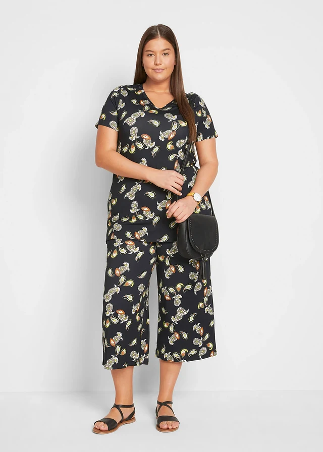 T-shirt et jupe-culotte en viscose fluide (ens. 2 pces), Couleur: noir paisley