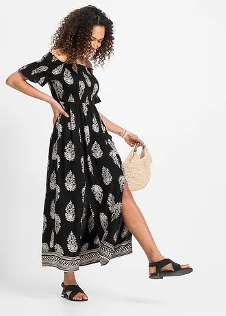 Carmen šaty ze splývavé viskózy • černo-béžová s grafickým potiskem • bonprix obchod