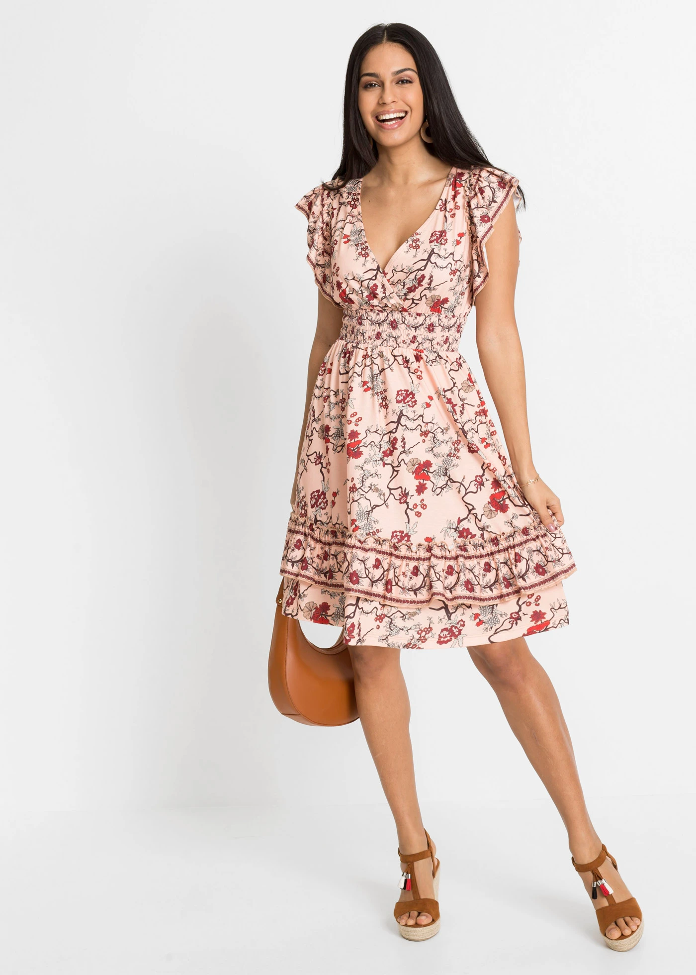 Robe en jersey à volants • abricot floral • Boutique bonprix