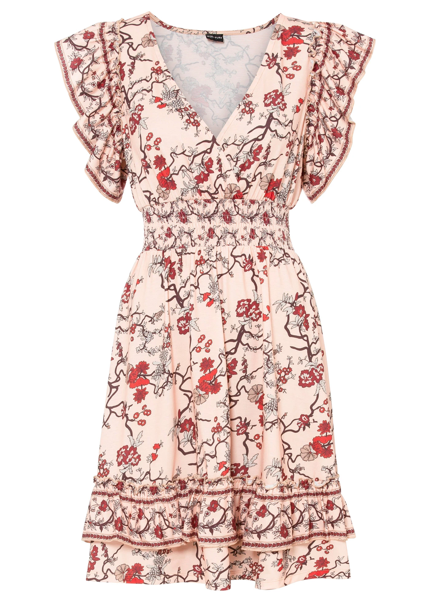 Džersejové šaty s volánom • marhuľová kvetovaná • obchod bonprix