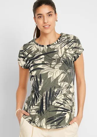 Katoenen shirt met print en minimouwen, Kleur: groen gedessineerd