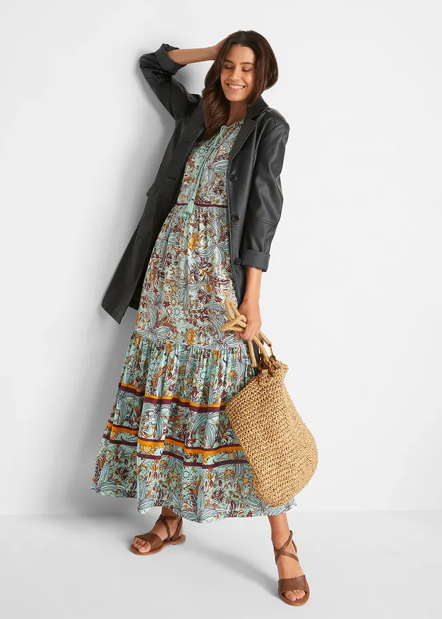 Robe longue tissée avec imprimé bordure, Couleur: vert opaline