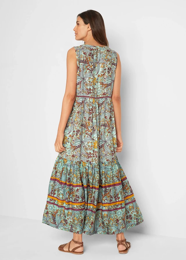 Robe longue tissée avec imprimé bordure, Couleur: vert opaline
