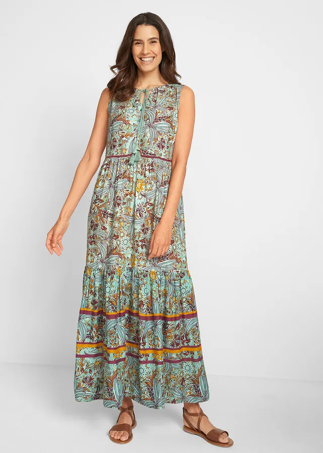 Robe longue tissée avec imprimé bordure, Couleur: vert opaline