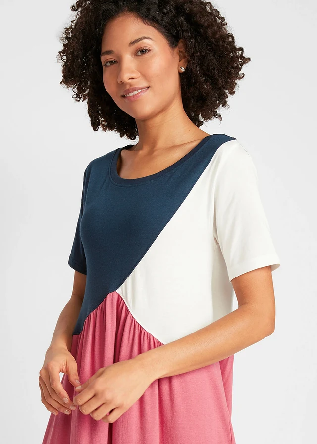 Wijde maxi shirtjurk van katoen-viscose • lichtrood - donkerblauw - wolwit • product-page.page-title-suffix