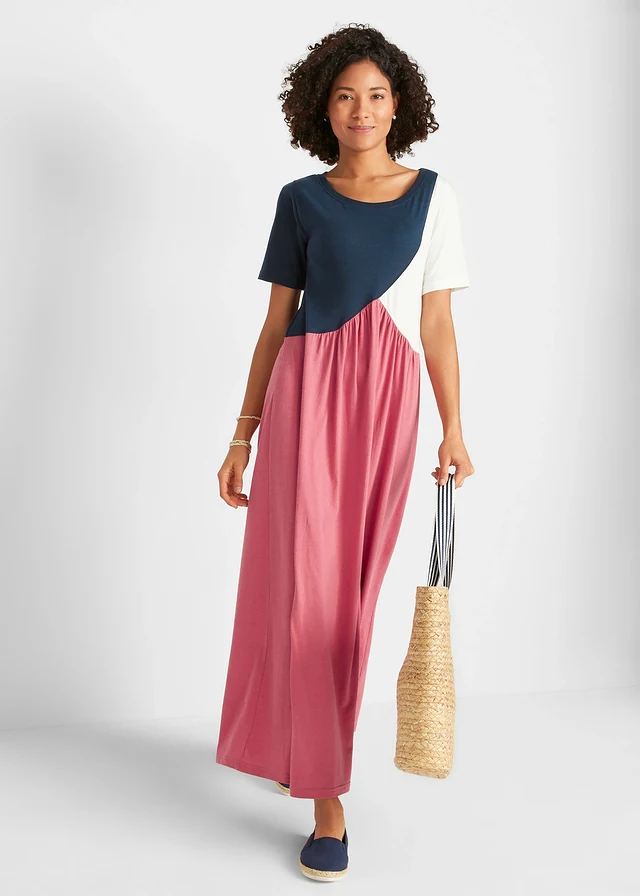 Wijde maxi shirtjurk van katoen-viscose • lichtrood - donkerblauw - wolwit • product-page.page-title-suffix