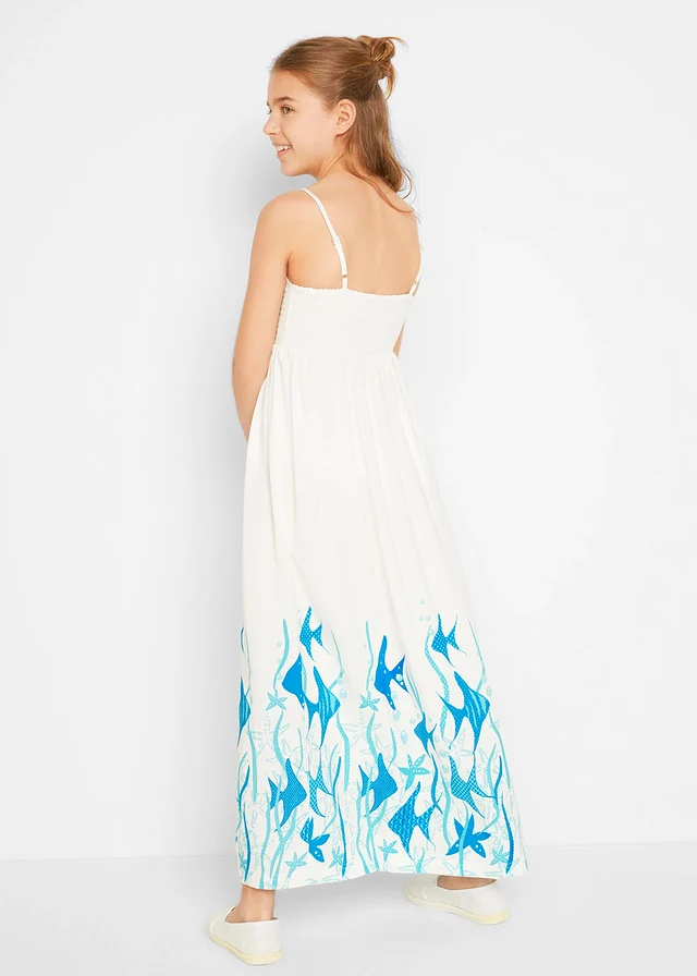 Robe longue en viscose fluide, Couleur: blanc-bleu océan