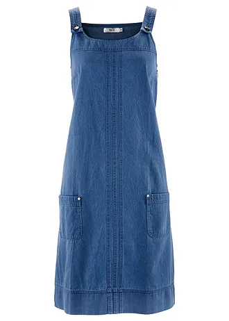 Bavlněné džínové šaty s laclovými ramínky, délka po kolena, barva: modrý denim