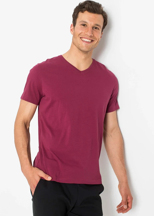 Lot de 3 T-shirts col V, Couleur: turquoise cobalt + rhododendron + anthracite chiné