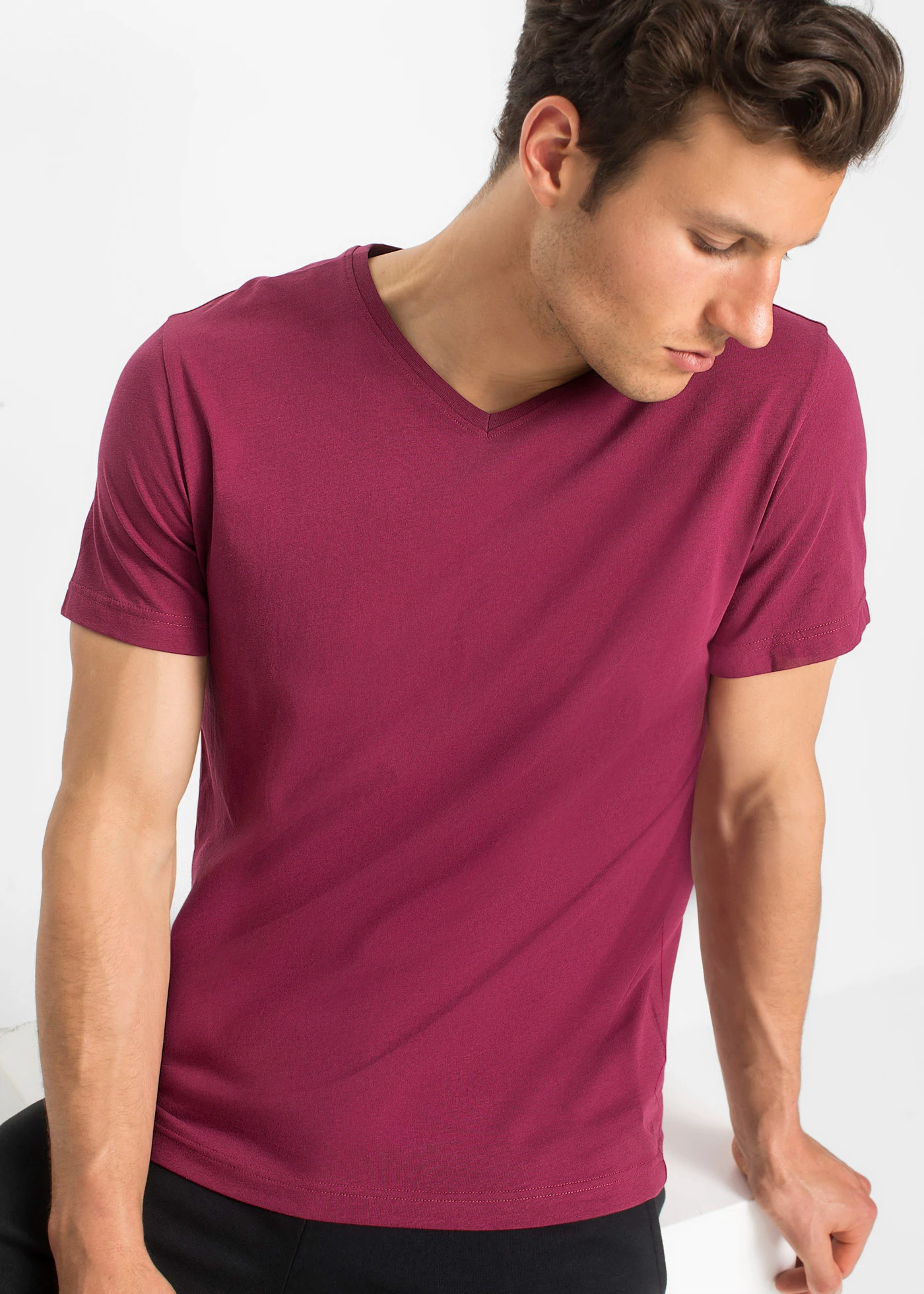 Lot de 3 T-shirts à col en V • turquoise cobalt + rhododendron + anthracite chiné • Boutique bonprix