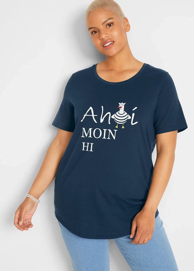 Katoenen T-shirt met maritieme print, Kleur: donkerblauw met print