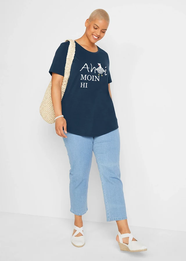 Katoenen T-shirt met maritieme print, Kleur: donkerblauw met print