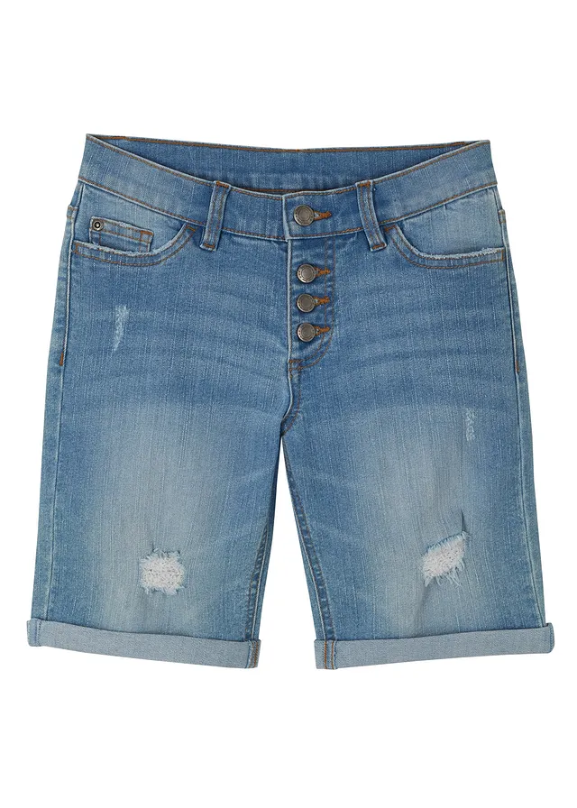 Meisjes stretch jeans short, mid waist, Kleur: blue bleached