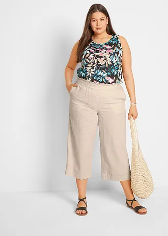 Kalhoty Culotte z lehké směsi se lnem, délka po lýtka, barva: šedobéžová